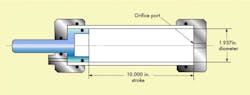 Figure 1. A conventional cylinder was used to determine the amount of entrained air generated by hydraulic fluid. The orifice port simulated a small valve opening. Figure 1. A conventional cylinder was used to determine the amount of entrained air generated by hydraulic fluid. The orifice port simulated a small valve opening.