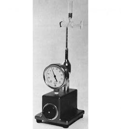 Figure 3. This device measures dissolved air content. It takes advantage of the fact that gas will come out of solution when a fluid is exposed to a vacuum. A small fluid sample is titrated from the upper reservoir into the lower tube, using mercury as the working medium, and then exposed to a vacuum. After the gases have escaped, the air-fluid mixture is pressurized to atmospheric pressure and gas volume measured. Figure 3. This device measures dissolved air content. It takes advantage of the fact that gas will come out of solution when a fluid is exposed to a vacuum. A small fluid sample is titrated from the upper reservoir into the lower tube, using mercury as the working medium, and then exposed to a vacuum. After the gases have escaped, the air-fluid mixture is pressurized to atmospheric pressure and gas volume measured.