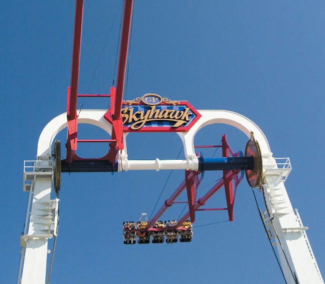 Two powerful, 28-in. bore cylinders use 1275 cfm of air at 120 psi to propel two giant swings 125 ft into the air on Cedar Point's new ride, the Skyhawk.