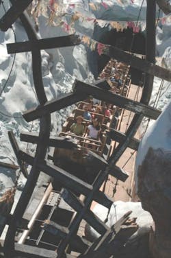 Guests discover they cannot continue their present course because it appears the yeti has destroyed the track ahead of them. Their coaster train then backs up over a switch track operated by pneumatic actuators — a first in coaster design. Guests discover they cannot continue their present course because it appears the yeti has destroyed the track ahead of them. Their coaster train then backs up over a switch track operated by pneumatic actuators — a first in coaster design.