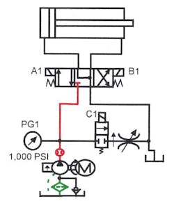 Figure 14-15. Pressure-compensated pump and flow control circuit that accelerates and decelerates actuator smoothly. Figure 14-15. Pressure-compensated pump and flow control circuit that accelerates and decelerates actuator smoothly.