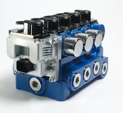 A three-section Vickers CMX 100 electrohydraulic load-sense valve was chosen to run the arm reach, grabber, and trolley lift functions due to its capability to precisely manage proportional flow. A three-section Vickers CMX 100 electrohydraulic load-sense valve was chosen to run the arm reach, grabber, and trolley lift functions due to its capability to precisely manage proportional flow.