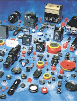A sampling of the multitude of standard components for assembling a vacuum system: single- and multi-stage vacuum generators, valves, switches, suction cups, etc.