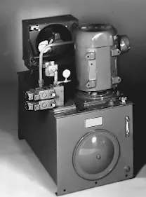 Figure 2. This modular power unit demonstrates a trend in hydraulic reservoir designs which includes mounting the electric motor vertically with the pump submerged in hydraulic fluid. This technique reduces leakage, noise, and floor space required.