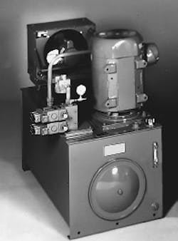 Figure 2. This modular power unit demonstrates a trend in hydraulic reservoir designs which includes mounting the electric motor vertically with the pump submerged in hydraulic fluid. This technique reduces leakage, noise, and floor space required.
