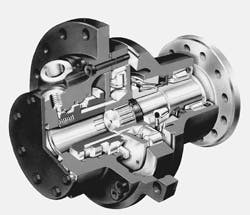 Fig. 2. Shown is a modular cam-lobe motor, with rotating shaft output. Plate-style valving distributes pressurized fluid to each piston/roller combination in the cylinder block assembly. Fig. 2. Shown is a modular cam-lobe motor, with rotating shaft output. Plate-style valving distributes pressurized fluid to each piston/roller combination in the cylinder block assembly.