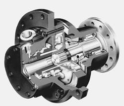 Fig. 2. Shown is a modular cam-lobe motor, with rotating shaft output. Plate-style valving distributes pressurized fluid to each piston/roller combination in the cylinder block assembly.