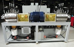 Bearing tester uses hydraulics for applying axial and radial loads to specimens. A closed-loop electrohydrauic system achieves high response and holds applied pressure from load cylinders to within ±0.5% or setpoints. Bearing tester uses hydraulics for applying axial and radial loads to specimens. A closed-loop electrohydrauic system achieves high response and holds applied pressure from load cylinders to within ±0.5% or setpoints.