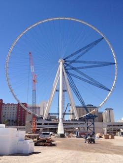 The High Roller observation wheel is shown under construction earlier this year in las Vegas. The outer rim has been completed, but additional radial spokes had not yet been added before removal of temporary radial support struts.