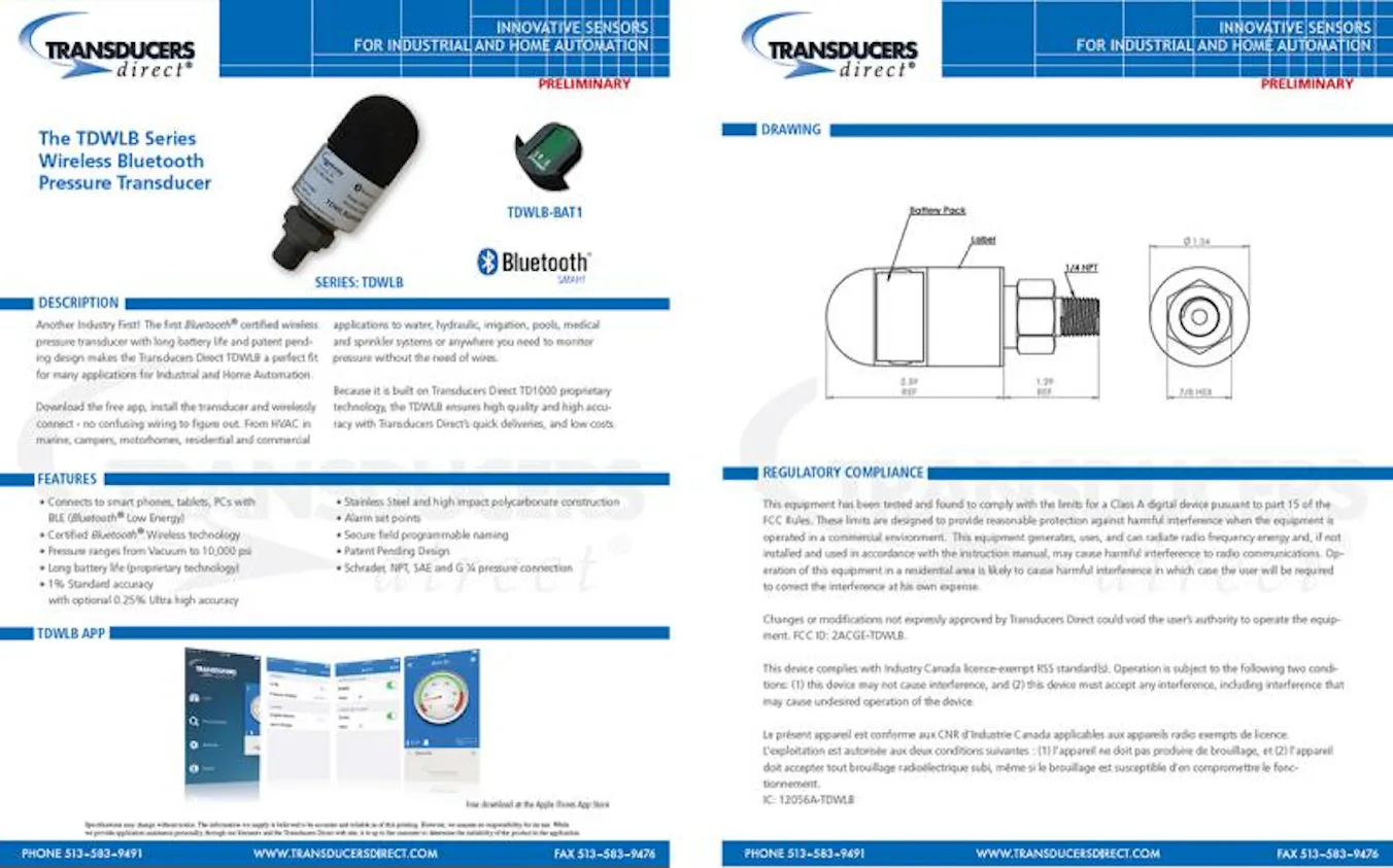Transducers Direct wireless Bluetooth Pressure Sensor | Power & Motion
