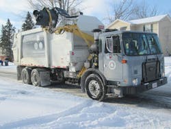 One of three hydraulic hybrid refuse trucks collects municipal waste in Oberlin, Ohio. Photo by Lori Sprosty.
