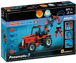 The Fischertechnik Pneumatic 3 Kit has 400 components to build miniature service vehicles. The Fischertechnik Pneumatic 3 Kit has 400 components to build miniature service vehicles.