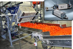 Food processing and packaging equipment, such as this citrus-handling conveyor line, make extensive use pneumatics for actuation. Automation Direct serves this competitive market by offering its G Series double-acting air cylinders (inset), which are available in a wide variety of mounting configurations, bores, and strokes. Food processing and packaging equipment, such as this citrus-handling conveyor line, make extensive use pneumatics for actuation. Automation Direct serves this competitive market by offering its G Series double-acting air cylinders (inset), which are available in a wide variety of mounting configurations, bores, and strokes.