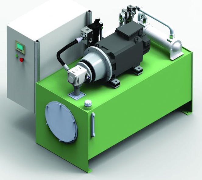 The Green Hydraulic Power HPU uses either an asynchronous motor or synchronous servomotor driving an internal gear pump to control hydraulic pressure and flow. The HPU can transmit information on component performance and running efficiency to feed an Industry 4.0 scenario and predictive maintenance protocol.