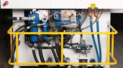 The manifold that supplies oil to the blow clamp was outfitted with 4WRLE proportional valves and Bosch Rexroth pressure filters The manifold that supplies oil to the blow clamp was outfitted with 4WRLE proportional valves and Bosch Rexroth pressure filters