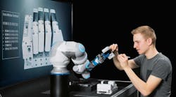 The BionicCobot emulates movements of a human arm and acheives gentle movements to operate safely with human workers. (Courtesy of Festo)