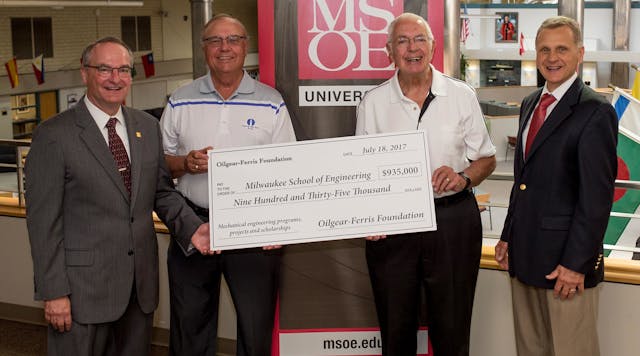 From left, MSOE President John Walz, Ph.D., Oilgear-Ferris Foundation representatives Tom Price and David Zuege, and MSOE Mechanical Engineering Department Chair Matthew Panhans.