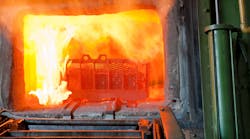 Fire-resistant hydraulic fluid is recommended for hydraulic systems operating in close proximity to potential sources of ignition, such as this heat treating furnace. Regular fluid analysis is especially important in these applications because it can reveal when a fluid’s fire resistance has been compromised. Fire-resistant hydraulic fluid is recommended for hydraulic systems operating in close proximity to potential sources of ignition, such as this heat treating furnace. Regular fluid analysis is especially important in these applications because it can reveal when a fluid’s fire resistance has been compromised.