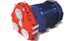 The Lectric drive is rated 100 to 700 hp maximum torque from 1,040 to 2,150 lb-ft torque for driving up to eight hydraulic pumps from a single electric motor.