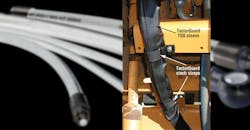 Essentra sleeves and straps extend life of hydraulic hose by keeping them from rubbing against abrasive surfaces and containing hydraulic fluid that may leak from the hose.