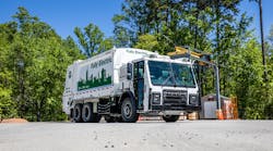 This demo all-electric refuse truck is a Mack&rsquo;s new LR models fitted with Li-ion batteries for powering variable-speed electric motors, including an 800-V circuit that powers hydraulic systems.