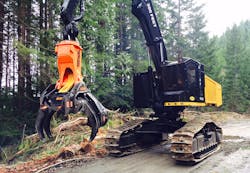 Rotary unions often are used in applications such as this excavator fitted with a log grapple. A rotary union mounted between the turret and track dive transmits hydraulic fluid between the rotating and non-rotating assemblies, respectively. The grapple also uses a swivel to allow continuous 360-degree rotation for hydraulic fluid and electrical power.