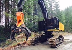 Rotary unions often are used in applications such as this excavator fitted with a log grapple. A rotary union mounted between the turret and track dive transmits hydraulic fluid between the rotating and non-rotating assemblies, respectively. The grapple also uses a swivel to allow continuous 360-degree rotation for hydraulic fluid and electrical power. Rotary unions often are used in applications such as this excavator fitted with a log grapple. A rotary union mounted between the turret and track dive transmits hydraulic fluid between the rotating and non-rotating assemblies, respectively. The grapple also uses a swivel to allow continuous 360-degree rotation for hydraulic fluid and electrical power.