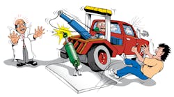 This depiction summarizes a potentially catastrophic accident that occurs all too often when someone thinks he knows more about hydraulics than he actually does.