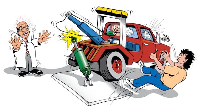 This depiction summarizes a potentially catastrophic accident that occurs all too often when someone thinks he knows more about hydraulics than he actually does.