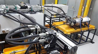 This unconventional test rig at Parker Hannifin&rsquo;s Warwick, UK facility, uses hydraulic motors and programmed loading instead of cylinders and physical loads to provide operating data for electrohydraulic pump drives.