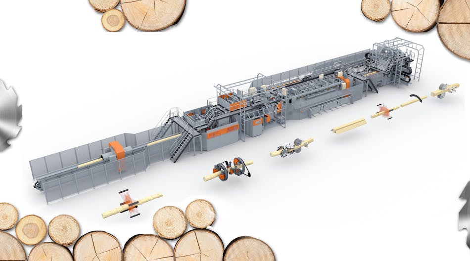 Shown here is HewSaw&rsquo;s SL250 2.2 multiple-breakdown saw line used at Woodgrain Millwork.