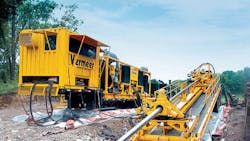 Vermeer D1000x900 Navigator horizontal directional drill is one of two large machines used to install 8414 ft. of 30 in. diameter steel pipe underground in Midland, Tex. Vermeer D1000x900 Navigator horizontal directional drill is one of two large machines used to install 8414 ft. of 30 in. diameter steel pipe underground in Midland, Tex.