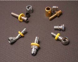 Fittings come in a variety of styles including tube stub fitting with nut and ferrule (upper left), conventional barbed fitting requiring external clamp or crimp sleeve (upper fight), JIC elbow fitting (lower left), straight push-lock to JIC male fitting (center bottom), and banjo fitting with bolt and seal washers (center bottom). Fittings come in a variety of styles including tube stub fitting with nut and ferrule (upper left), conventional barbed fitting requiring external clamp or crimp sleeve (upper fight), JIC elbow fitting (lower left), straight push-lock to JIC male fitting (center bottom), and banjo fitting with bolt and seal washers (center bottom).