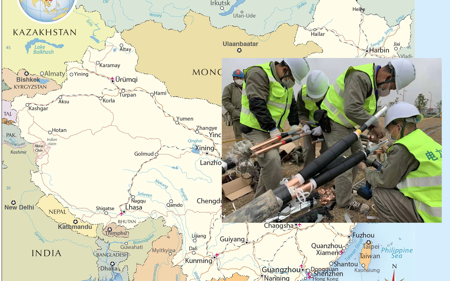 China map and workers