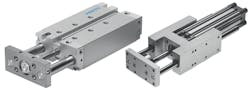 A guided drive (left) includes guide rods and requires no assembly, but many guide units such as this FENG actuator and standard cylinder from Festo (right) do require assembly.