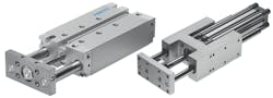 A guided drive (left) includes guide rods and requires no assembly, but many guide units such as this FENG actuator and standard cylinder from Festo (right) do require assembly. A guided drive (left) includes guide rods and requires no assembly, but many guide units such as this FENG actuator and standard cylinder from Festo (right) do require assembly.