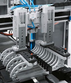 Two Festo DGSL mini-slides are mounted on an electric axis in the side loading unit of a packaging machine. Two Festo DGSL mini-slides are mounted on an electric axis in the side loading unit of a packaging machine.