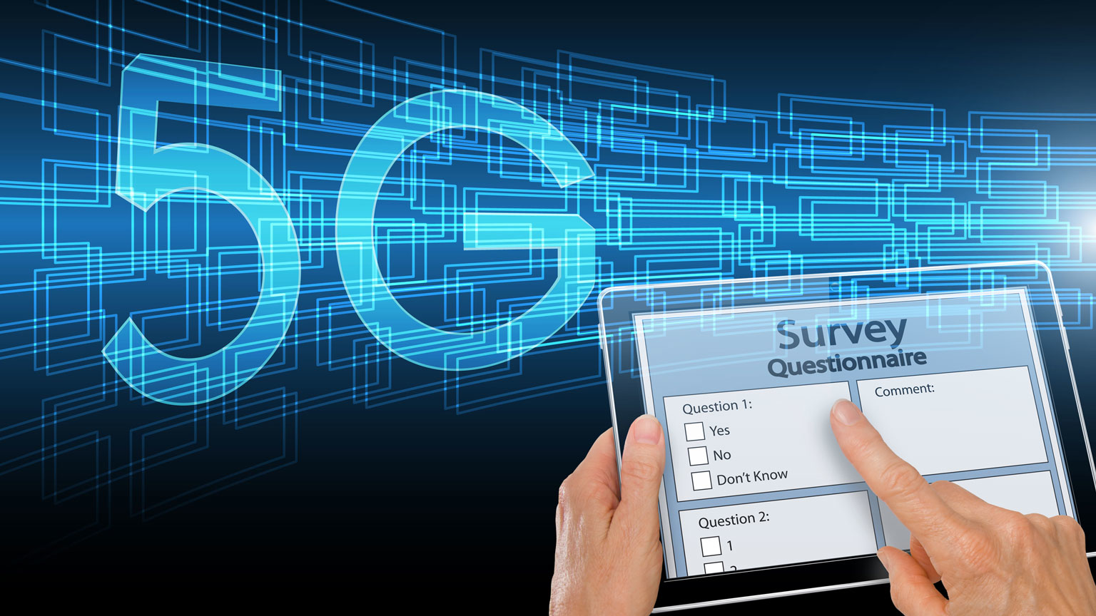 Taking a survey on a tablet, with 5G in the background