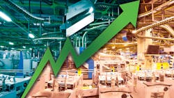 Factory floor with upward trajectory arrow superimposed Factory floor with upward trajectory arrow superimposed