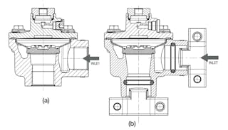 A pulse valve&rsquo;s connection and part count determine how much time it takes to install. The patented quick mount clamp connection reduces installation time by up to 60% compared to dresser and threaded options. Pictured: (a) Standard threaded pipe connection; (b) Quick mount clamp connection.