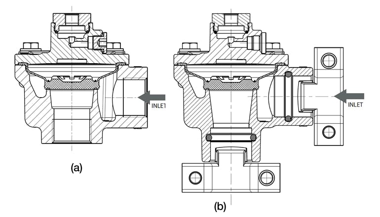 A pulse valve&rsquo;s connection and part count determine how much time it takes to install. The patented quick mount clamp connection reduces installation time by up to 60% compared to dresser and threaded options. Pictured: (a) Standard threaded pipe connection; (b) Quick mount clamp connection.
