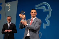 Thomas Fechner, senior vice president, new product area business for Bosch Rexroth accepts the 2021 Hermes Award on the opening day of Hannover Messe. Thomas Fechner, senior vice president, new product area business for Bosch Rexroth accepts the 2021 Hermes Award on the opening day of Hannover Messe.