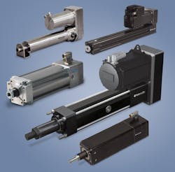 Electric rod actuators come in a variety of shapes, sizes and performance characteristics to fit almost any application. Here are several from Tolomatic, including its (clockwise from top left) ERD, RSA, RSX, IMA and ServoWeld actuators.
