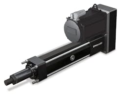 Electric actuators can provide high forces, such as this RSX high-force actuator with roller screws from Tolomatic that generates forces up to 178 kN (40,000 lbf). Electric actuators can provide high forces, such as this RSX high-force actuator with roller screws from Tolomatic that generates forces up to 178 kN (40,000 lbf).