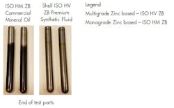 Rods in the zinc-based fluid (right) had statistically less varnish deposited on them during Shell’s varnish test compared to rods tested in a commercial mineral oil. Rods in the zinc-based fluid (right) had statistically less varnish deposited on them during Shell’s varnish test compared to rods tested in a commercial mineral oil.