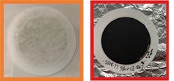 These filter pads were put in the new zinc-based hydraulic fluid (left) and the other in a poorly performing zinc based hydraulic oil (right), both for 1,000 hr. The pad exposed to the new fluid appears clear, while the pad exposed to a poorly performing zinc-base oil is caked with black sludge. This indicates that not all zinc-based hydraulic oils are the same with respect to sludge formation. These filter pads were put in the new zinc-based hydraulic fluid (left) and the other in a poorly performing zinc based hydraulic oil (right), both for 1,000 hr. The pad exposed to the new fluid appears clear, while the pad exposed to a poorly performing zinc-base oil is caked with black sludge. This indicates that not all zinc-based hydraulic oils are the same with respect to sludge formation.