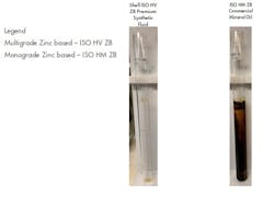 Results from the temperature testing shows less sludge forms in Shell’s new synthetic fluid (left) compared to a commercial mineral fluid. Results from the temperature testing shows less sludge forms in Shell’s new synthetic fluid (left) compared to a commercial mineral fluid.