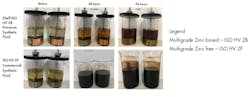 You can visually compare the performance of a zinc-based fluid with a commercial zinc-free fluid in the high temperature ISOT test. Samples of the zinc-based fluid (top) appear transparent even after 96 hr, while samples in the bottom panels of a commercial zinc free fluids turn opaque at 48 hr. This opacity indicates sludge formation and enhanced oxidation of the zinc-free lubricant as opposed to the much lower oxidation of the zinc-based fluid. You can visually compare the performance of a zinc-based fluid with a commercial zinc-free fluid in the high temperature ISOT test. Samples of the zinc-based fluid (top) appear transparent even after 96 hr, while samples in the bottom panels of a commercial zinc free fluids turn opaque at 48 hr. This opacity indicates sludge formation and enhanced oxidation of the zinc-free lubricant as opposed to the much lower oxidation of the zinc-based fluid.
