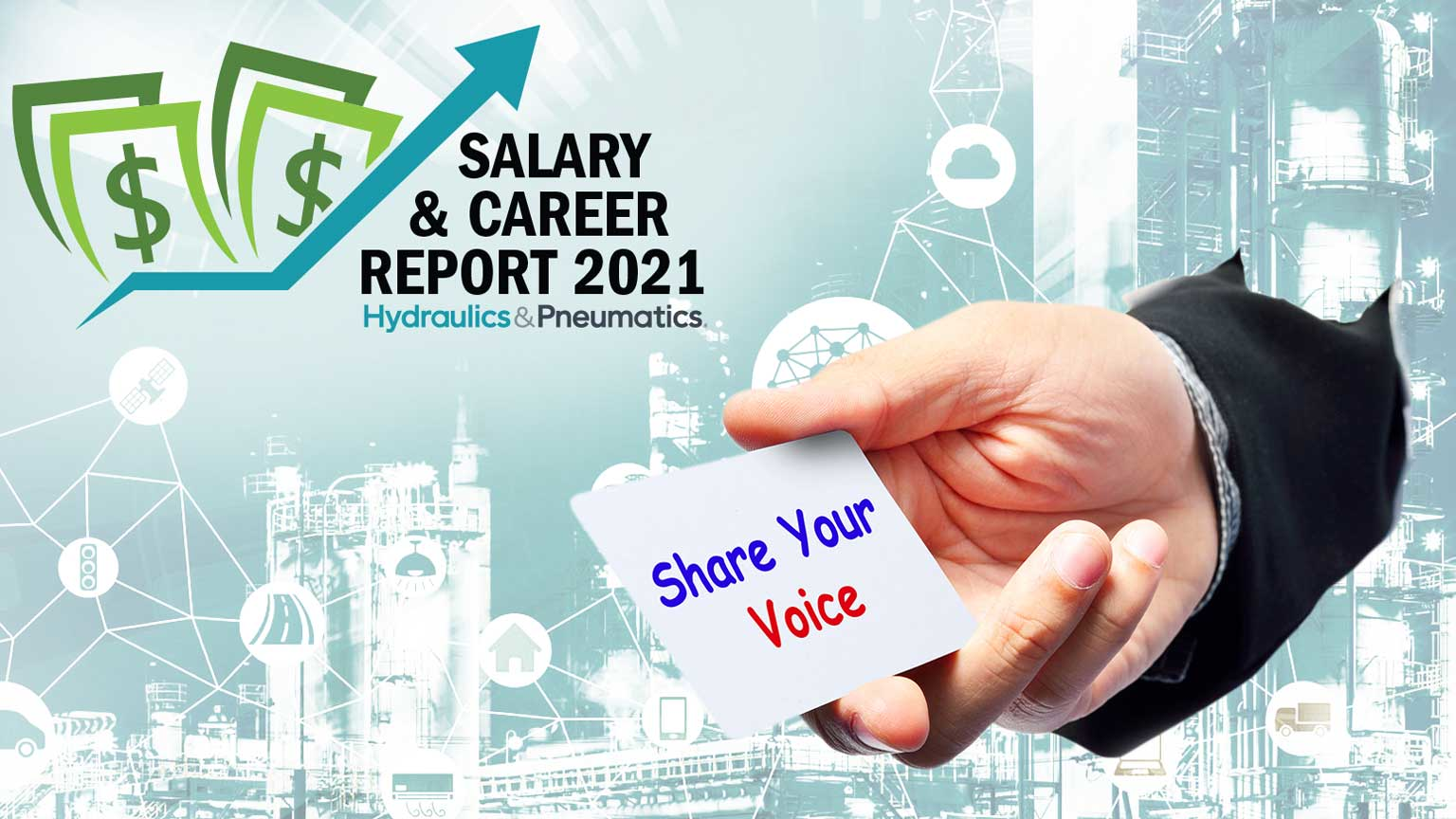 Salary & Career Report logo, plus hand with 'Share your voice' note