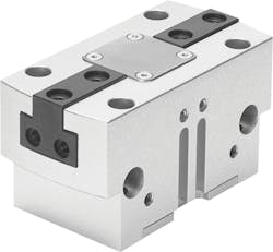 The Festo HGPT gripper is well suited for handling medium-size workpieces. It uses a T-slot guide that resists torque. It also has sealed air ports to prevent particles, dust and other contaminants from entering the gripper jaws. And its oval piston lets the HGPT gripper increase its gripping force, providing twice the force for half the stroke length. The Festo HGPT gripper is well suited for handling medium-size workpieces. It uses a T-slot guide that resists torque. It also has sealed air ports to prevent particles, dust and other contaminants from entering the gripper jaws. And its oval piston lets the HGPT gripper increase its gripping force, providing twice the force for half the stroke length.